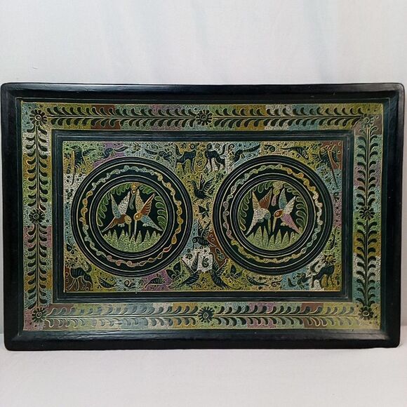 Burmese Myanmar Lacquerware Hummingbird Serving Tray 18 x 12 Inches Vintage